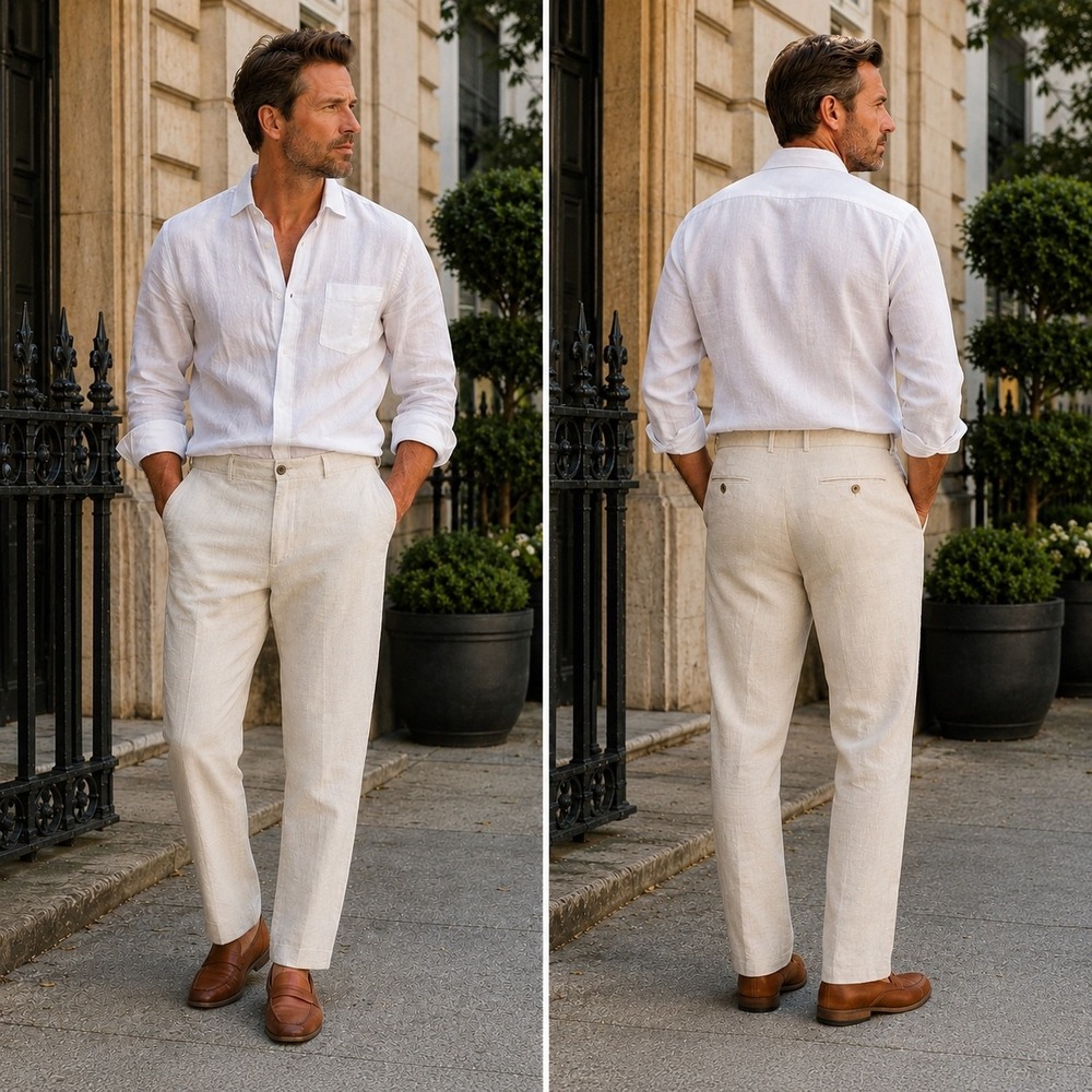 Tasso Elba Linen Trousers Men's 38x28 Natural Ivory Flat Front Straight Leg Pant